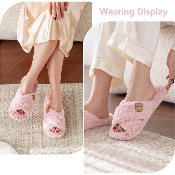 ⚡Women’s Light Pink Faux Fur Cozy Fuzzy Cross Band Slippers House Shoes - Picture 2 of 6